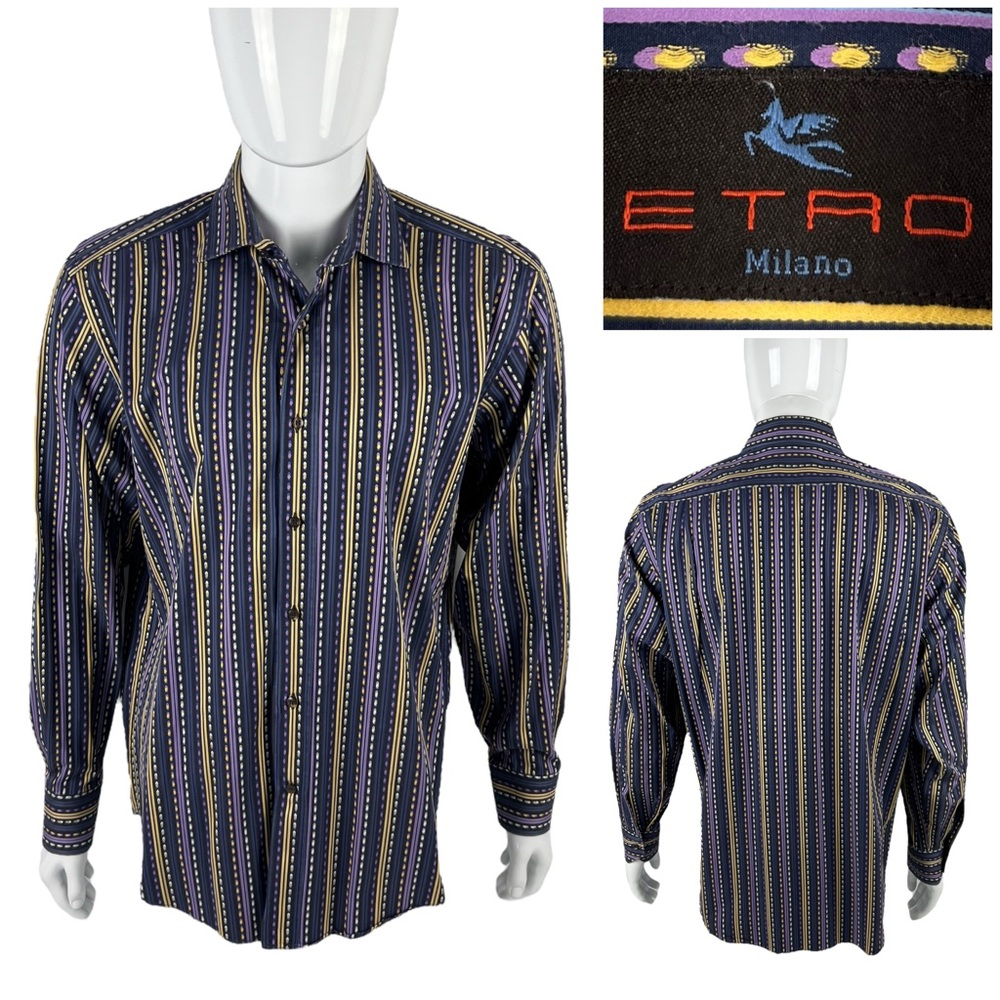 Etro Mens 41 - Large Shirt Striped Purple 100% Cotton Made In Italy Button Front